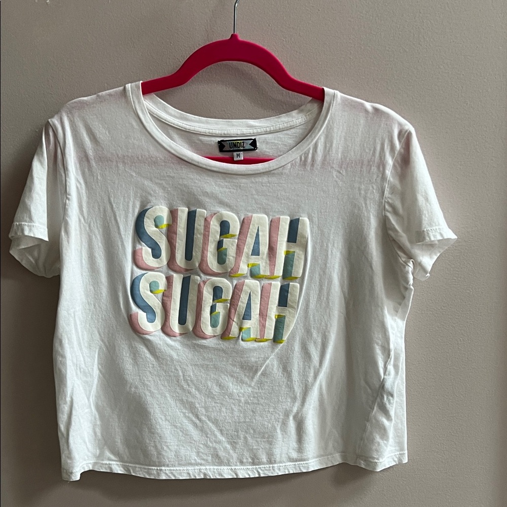 White 'Sugah Sugah' Short Sleeve Cropped Tee Size Medium